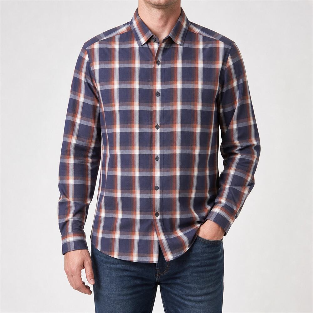 Hart Schaffner Marx Shirt Men Medium Blue 100% Cotton Plaid Long Sleeve